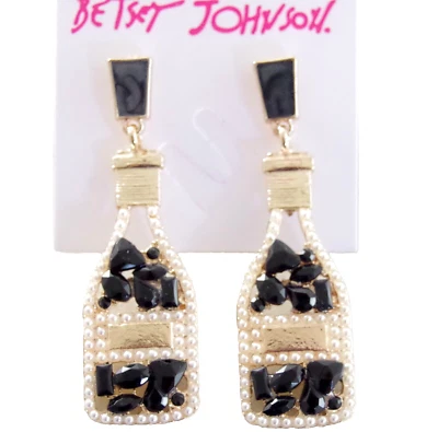 BETSEY JOHNSON POPPED CORK CHAMPAGNE BOTTLE BLACK RHINESTONE FAUX PEARL EARRINGS - Image 1 of 4