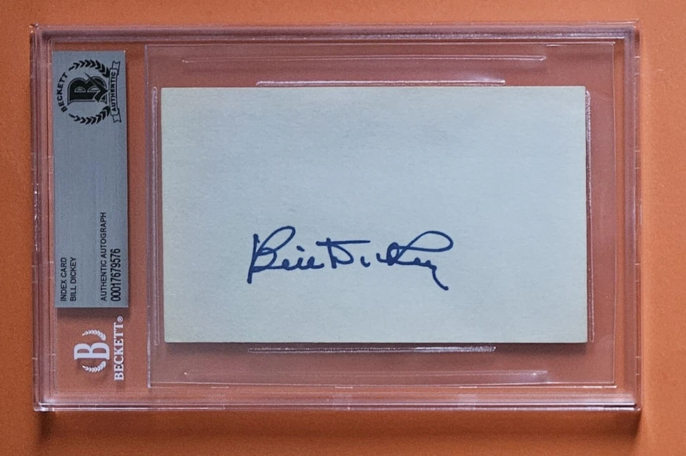 BILL DICKEY SIGNED AUTOGRAPHED INDEX CARD BECKETT ENCAPSULATED AUTO SLABBED psa - Image 1 of 1