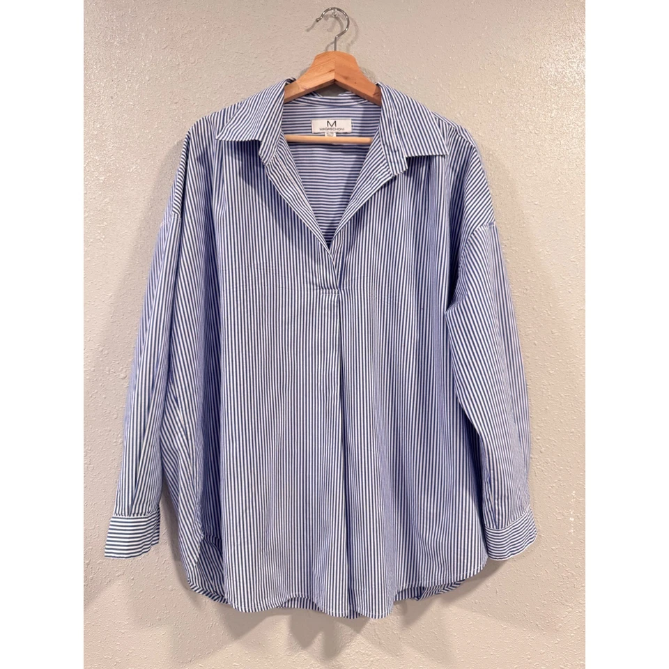 Camisa Blusa Top Magaschoni XL Gran Tamaño Rayas Manga Larga Con Botones Foto 1 de 4
