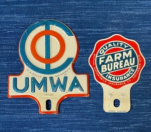 Vtg Pair Farm Bureau & United Mine Workers America UMWA License Plate Topper Tin - Picture 1 of 2