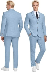 Wehilion Men's Suit Slim Fit Linen Blue 3 Piece XS 36R 30W Notch Lapel 2 Button - Picture 1 of 5