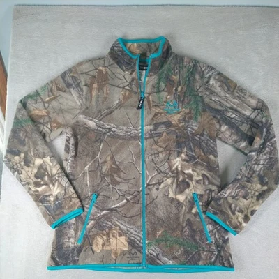 Realtree Xtra Fleece Jacket Women's Large Full Zip Camo Teal Trim Thumb Holes - Image 1 of 4