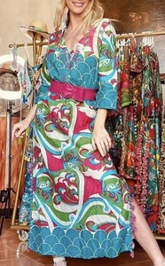 Antica Sartoria Splash & Wave Pattern Long Kaftan Dress Aqua🩵 🩷 Pink 💚🤍 S/M - Picture 1 of 9