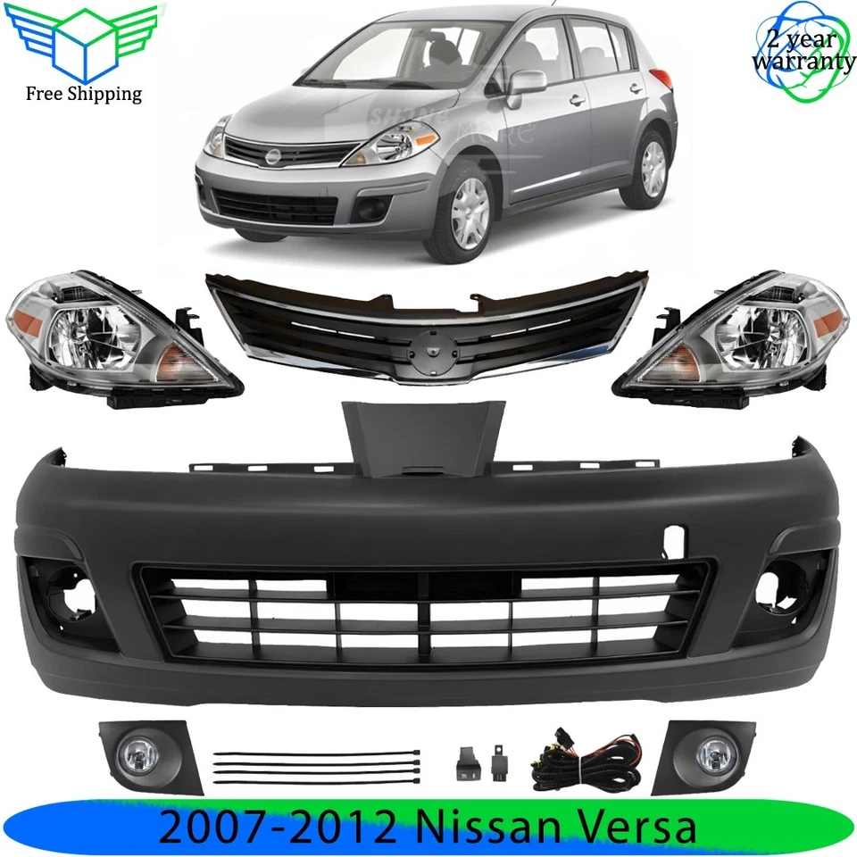 Front Bumper Cover Primed Plastic & Headlights Kit For 2007-2012 Nissan Versa Foto 1 de 4