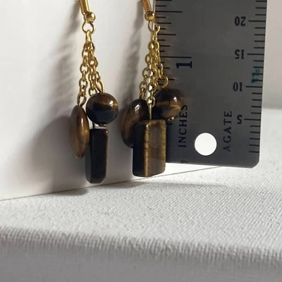 Pendientes Ojo de Tigre Triple Cuelga Tono Oro Ganchos 2" Foto 1 de 4