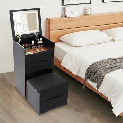 Tocador de maquillaje negro tocador escritorio con tapa abatible espejo iluminado y taburete Foto 1 de 4