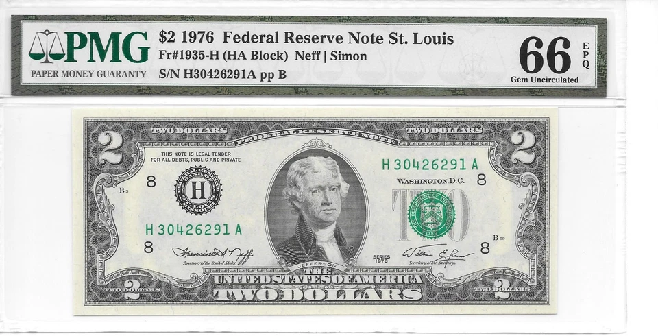 1976 St. Louis $2 FRN (HA Block) PMG 66 EPQ Gem Uncirculated - Image 1 of 2