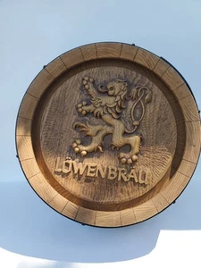 Vintage Lowenbrau Munchen Round Beer Barrel Keg Bar Sign Faux Wood 70s Decor - Picture 1 of 5