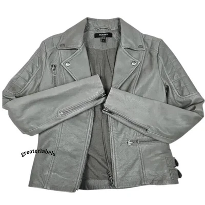 Chaqueta Muubaa Gris Cuero Rengo Moto Hebillas Detalle Acolchado Talla 6 Foto 1 de 4