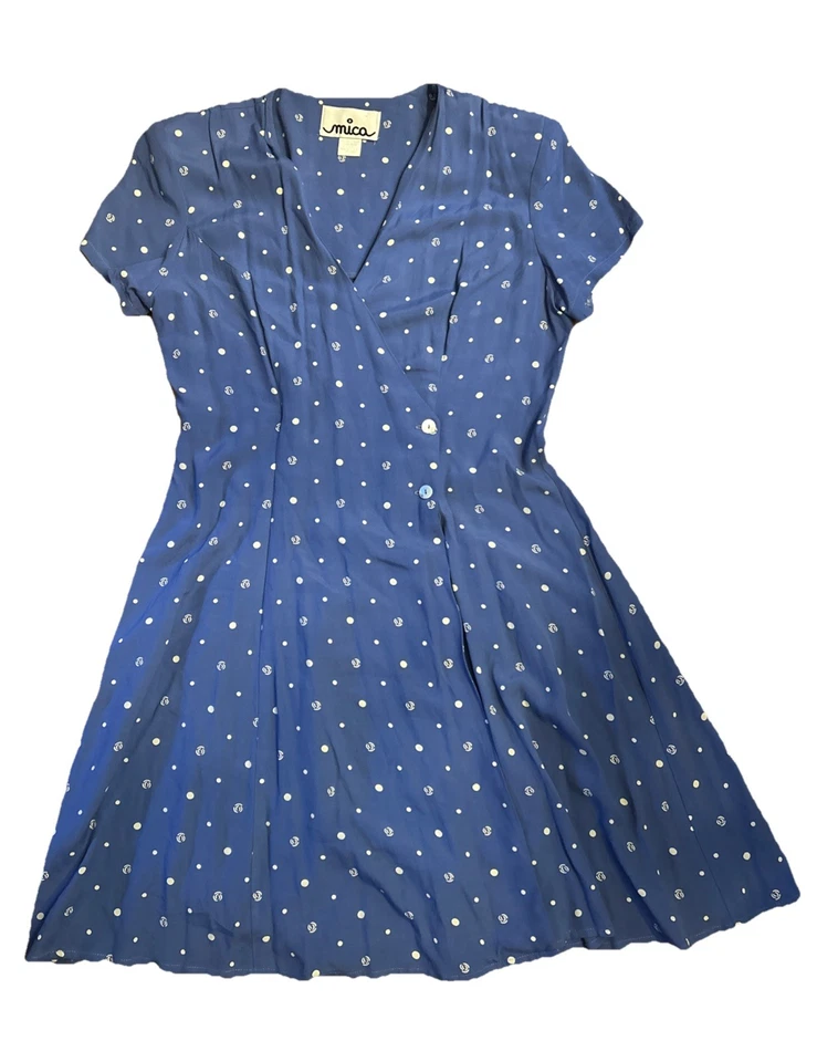 Vestido vintage de lunares azules de mica de los años 80 con abertura frontal para mujer talla 10 hecho en EE. UU. Foto 1 de 4