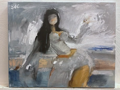 哥特式超现实主义海景女式油画和粉笔帆布 16x20 原版签名 — 第 1/3 张图片