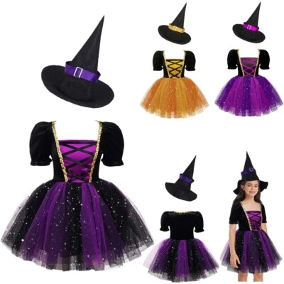 Disfraz de bruja de Halloween con sombrero para niñas traje elegante púrpura bruja vestir Foto 1 de 4