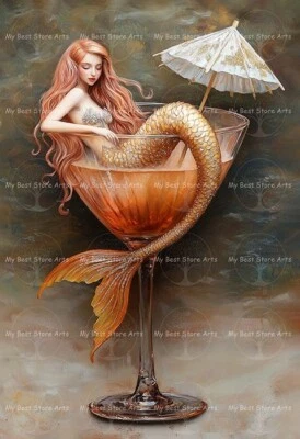 IMPRESIÓN ARTÍSTICA SIRENA EN VIDRIO, póster de cóctel sirena, decoración tropical de bar de playa F001 Foto 1 de 3