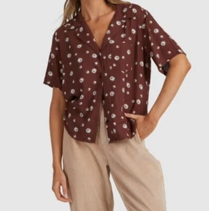 RVCA Women’s Brown Ying Yang Button Up Shirt size Large cotton Linen Blend - Picture 1 of 14