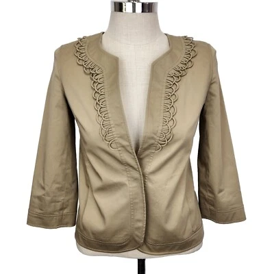 Chaqueta Talbots Manga 3/4 Mujer 4 Tostado Caqui Botón Único Ribete Vieira Algodón Foto 1 de 4