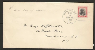 US Scott #834 First Day Cover $5 Coolidge Prexie, 11-17-38, addressed, no cachet - Image 1 of 2