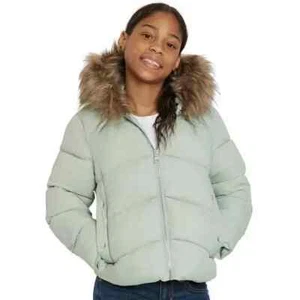 NWT! Rothschild Girls Faux Trim Puffer Jacket, Green/Pink - Picture 1 of 7