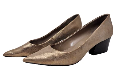 DONALD PLINER Anni Punta Cuero Metálico Bomba Tacón Grueso Talla 9M Puntera Punta Foto 1 de 4