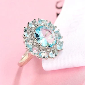 Party Gift Horse Eye Oval Cut Ocean Blue Topaz Silver Woman Ring Size 6-10 - Picture 1 of 12