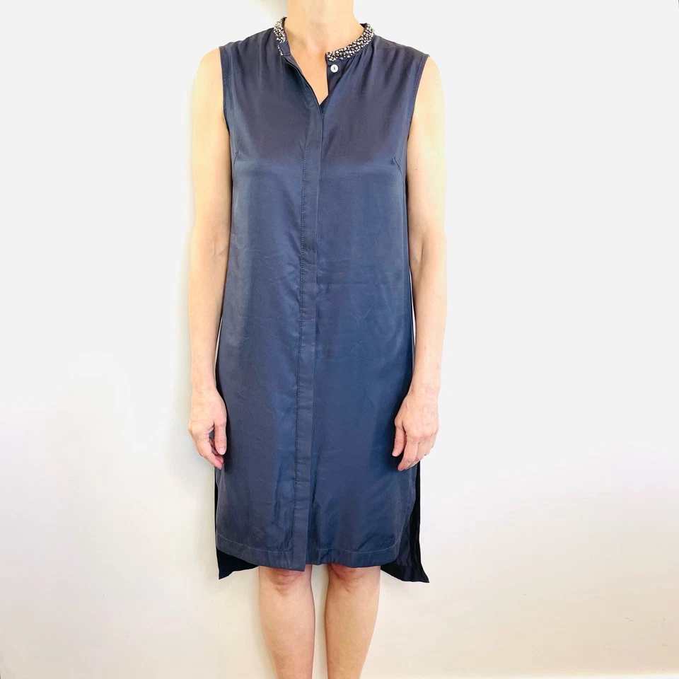 Vestido Camisa 3.1 Phillip Lim Talla M 10 12 Azul Gris Sin Mangas Embellecido Cuello Foto 1 de 4