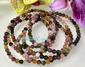 Wholesale Lot 6 Pcs Natural Watermelon Tourmaline 4mm 7.5” Stretch Bracelet - Picture 1 of 8