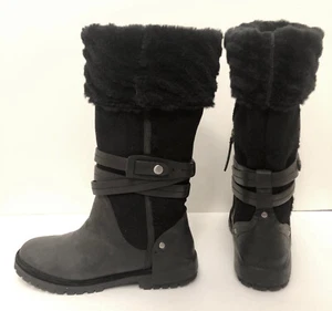 7 38 Koolaburra Black Real Leather & Shearling Sheepskin Fur Cuffed Biker Boots - Picture 1 of 24