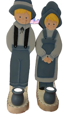 Vintage Amish Boy & Girl Wooden Figures, Candle Holders American Folk Art Signed - Image 1 of 4