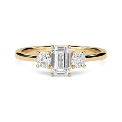 Moissanite Three Stone Emerald and Pear Cut Women Ring Yellow Gold Plated Ring - Image 1 of 4
