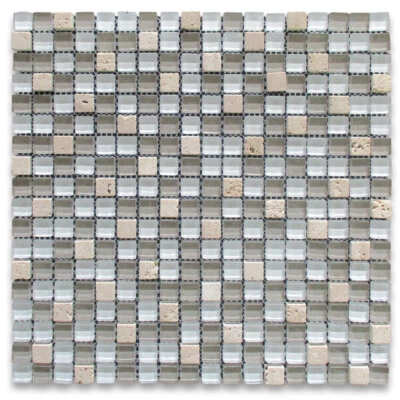 A22002 Glass Mosaic Tile White Gray Glass Beige Travertine 5/8" Backsplashes - Image 1 of 4