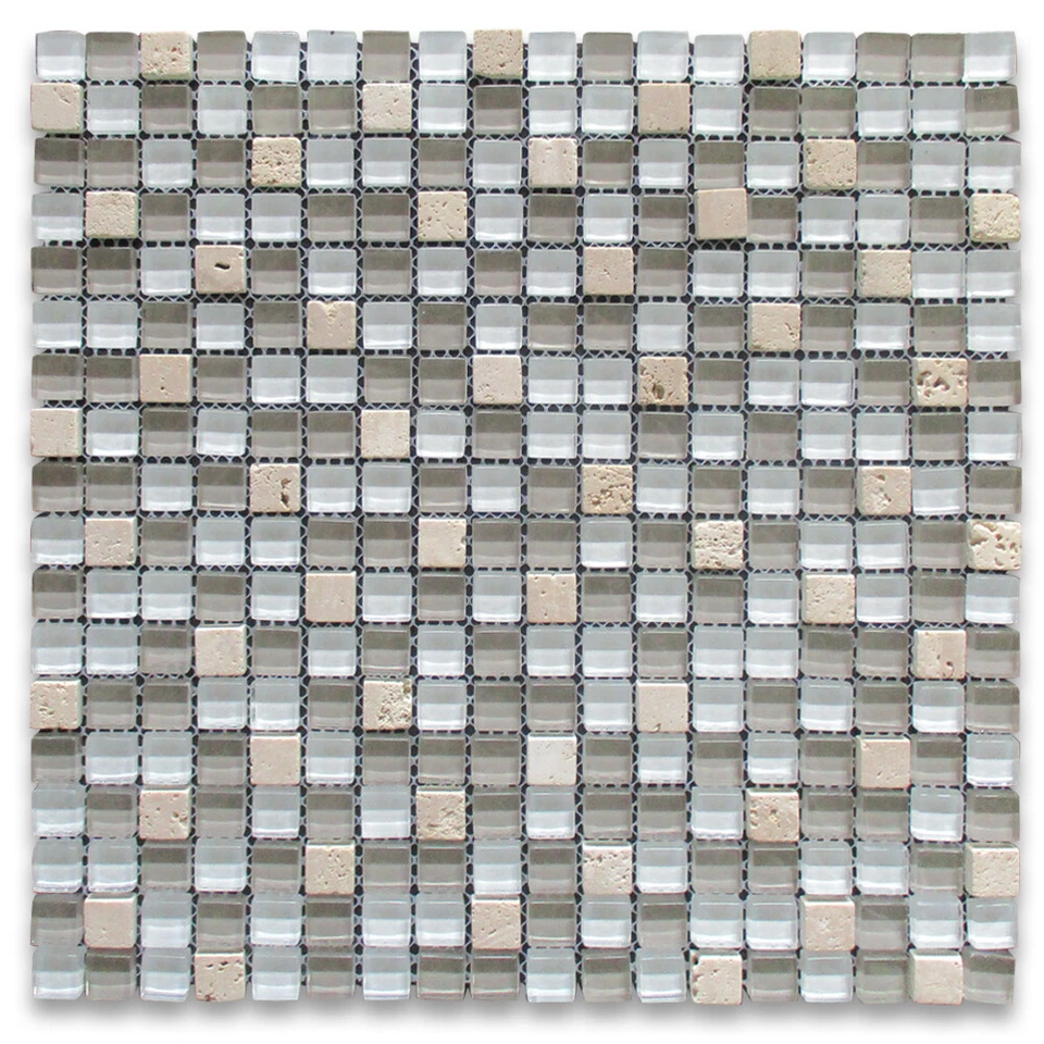 Mosaico de vidro A22002 azulejo branco cinza vidro bege travertino 5/8" backsplashes - Imagem 1 de 4