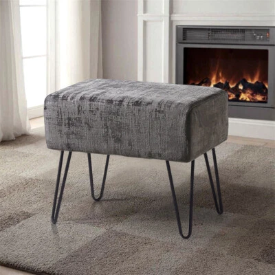 Plush Textured Velvet Ottoman Footstool Metal Legs Accent for Modern Living Room - Image 1 of 4