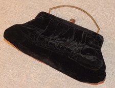 Vintage Black Velvet Small Evening Bag Purse Satine Lined Brass Hardware