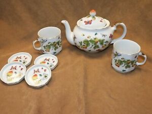 Lot Lenwile Ardalt Strawberry Butterflies Tea Pot, 2 Cups & 4 Side Dishes