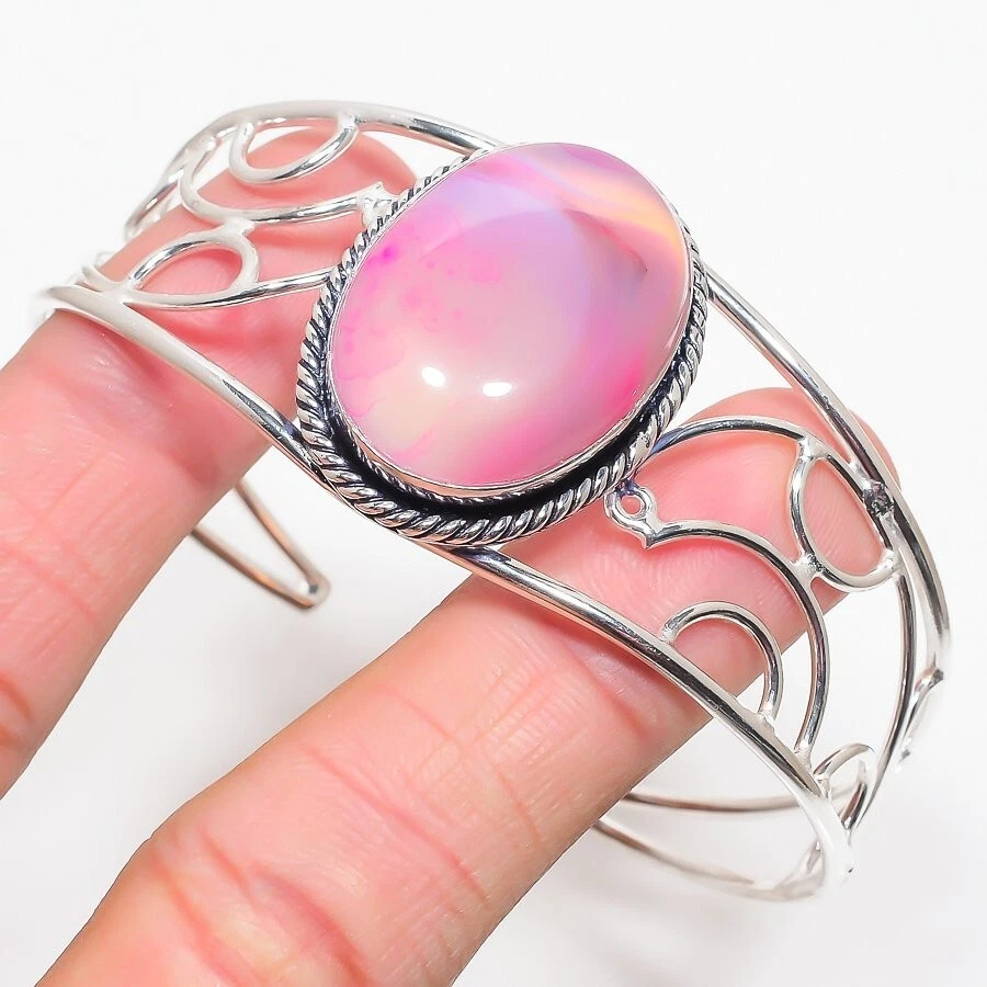 Pulsera ajustable de plata de ley 925 con bandas rosas de ágata preciosa Foto 1 de 1