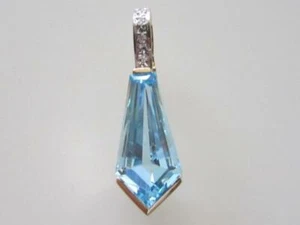 14K. Two Tone Gold Trapezoid Blue Topaz and Diamond Enhancer Pendant, New - Picture 1 of 10