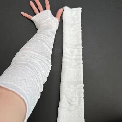 Off White Cream Mummy Bandage Gloves Ruffle Arm Warmers Cyber Goth Costume Ghost - Image 1 of 4
