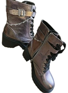 Pop Yeardly Pewter Combat Botas con Cordones al Tobillo Metálicas para Mujer Talla 6.5M Nuevas con Etiquetas $$$ - Imagen 1 de 18