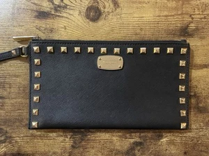 Michael Kors Large Wristlet Saffiano Stud Black Leather Gold Zipper Clutch - Picture 1 of 7