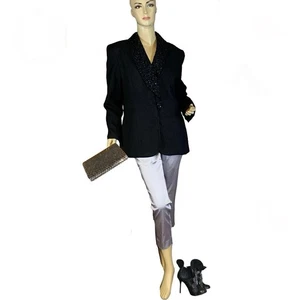 VINTAGE 1990'S CLIO BLACK SYNTHETIC BLEND BEADED SEQUIN BLAZER SIZE 12 - Picture 1 of 13