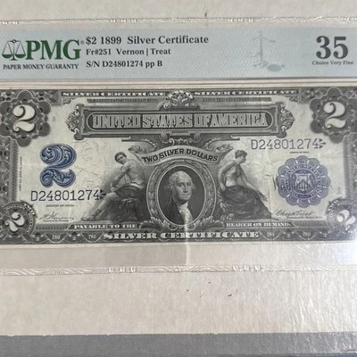 1899 $2 Silver Certificate FR# 251 Vernon/Treat PMG 35 Choice VF S/N D24801274 - Image 1 of 4