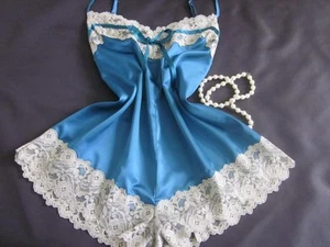 Slinky Cami-Knickers Teddy XL Teal Satin Ivory Lace Camisole Panties Lingerie - Picture 1 of 9