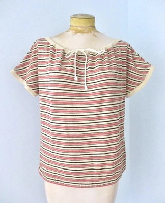 Vtg 60s 70s Jack Winter Coral Brown Stripe Knit Boxy Top Drawstring Neck M/L - Image 1 of 4
