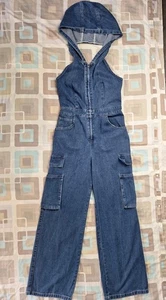 Shein Dark Blue Denim Sleeveless Hooded Halter Cargo Jumpsuit - Size 8 (30" Leg) - Picture 1 of 4