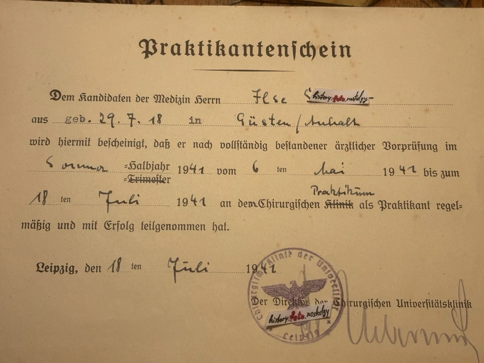 📜Lot Autograph Prof. H. Uebermuth 1901-1986 Praktikantenschein 1941 Leipzig 2WK - Bild 1 von 1