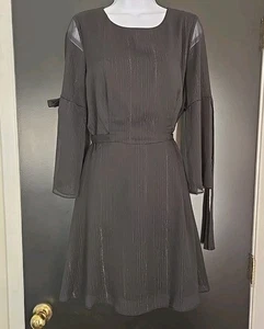 Mini Vestido LC Lauren Conrad Negro M Mediano Metálico Rayas Manga Campana Corbata Cintura - Imagen 1 de 12