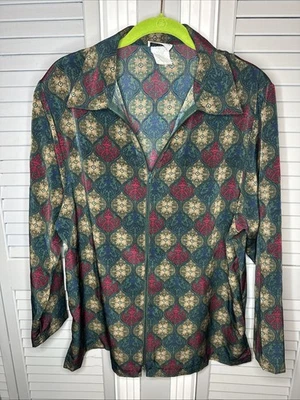 Chaqueta Boho Vintage Bon Worth Cremallera Completa Poliéster Azul Rojo Tostado Geométrica Talla L Foto 1 de 4