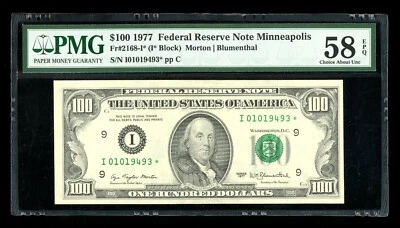 DBR 1977 $100 FRN Minneapolis STAR Fr. 2168-I* PMG 58 EPQ Serial I01019493* - Image 1 of 2