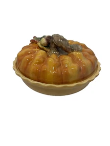 10" Pumpkin Thanksgiving Ceramic Pie Plate Fall Dessert Server w/ Covered Lid - Picture 1 of 6