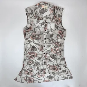 L'ATISTE By Amy Size M Button Up Blouse Tunic Sheer Graphic Print Open Back - Picture 1 of 6