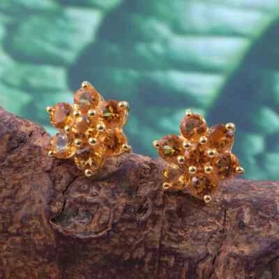 Gemelos de diseñador de plata de ley 925 chapados en oro con piedras preciosas de citrino natural para hombre Foto 1 de 4